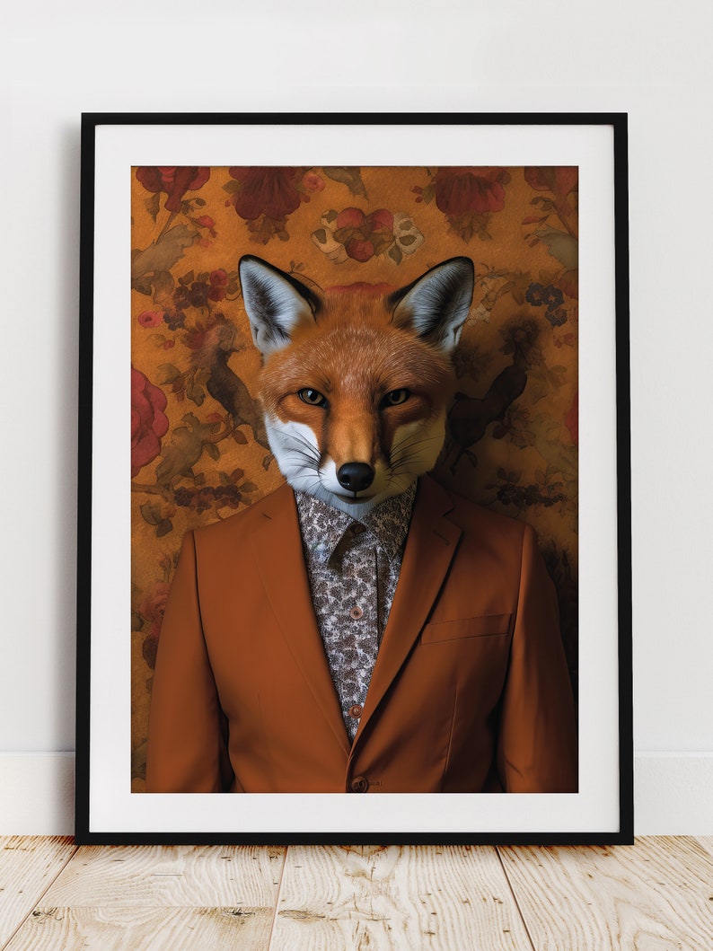 May include: A red fox wearing a brown suit with a floral patterned shirt against a background of a floral wallpaper.