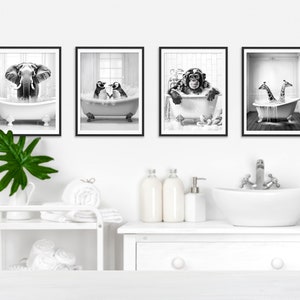 Set of four animals in bath artwork, digital downloadable prints, instant gallery wall