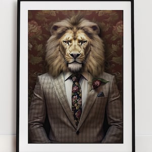 May include: A lion with a full mane wearing a gray suit with a floral patterned tie and a red rose boutonniere. The lion is looking directly at the camera.