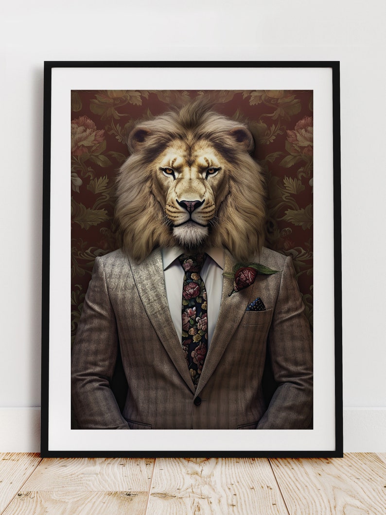 May include: A lion with a full mane wearing a gray suit with a floral patterned tie and a red rose boutonniere. The lion is looking directly at the camera.