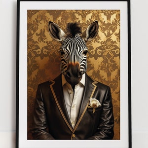 May include: A zebra head wearing a black suit with gold trim and a white flower in the lapel. The background is a gold patterned wallpaper.