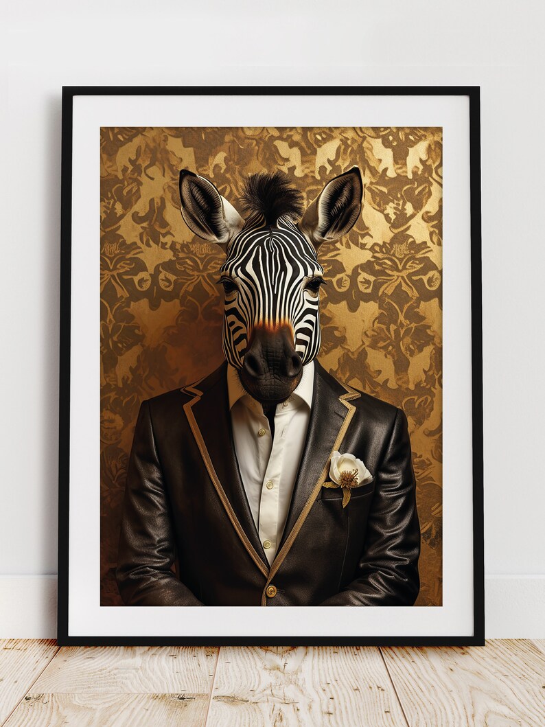 May include: A zebra head wearing a black suit with gold trim and a white flower in the lapel. The background is a gold patterned wallpaper.