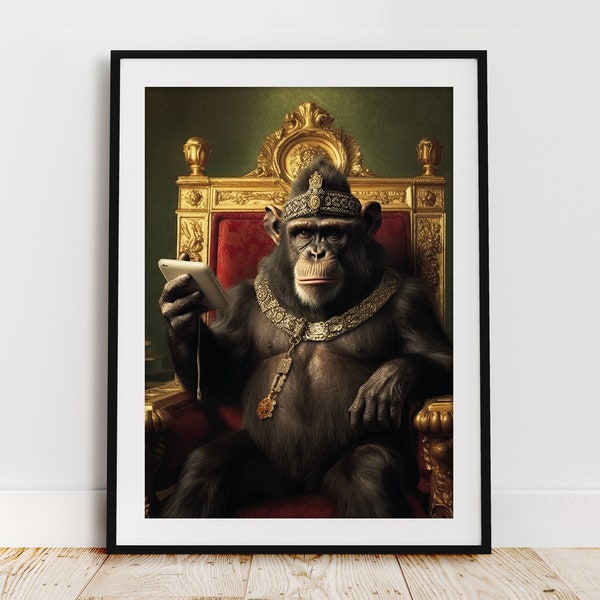 Vintage King Chimp Print, Altered Art Print, Animal Head & Human Body, Unique Art Print, Funny Art Print