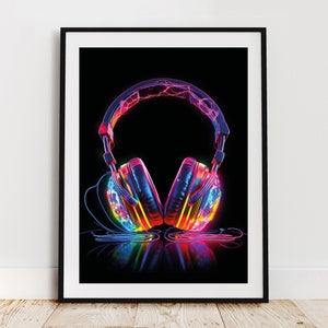 Headphones neon wall art, DOWNLOADABLE ART, gaming print, gaming room decor, neon style wall art, teen room prints, son gift