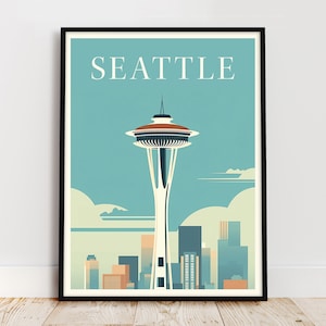 May include: A retro-style poster with the word "SEATTLE" in white text at the top. The poster features a blue and white illustration of the Space Needle against a light blue sky with white clouds. The Space Needle is a famous landmark in Seattle, Washington.