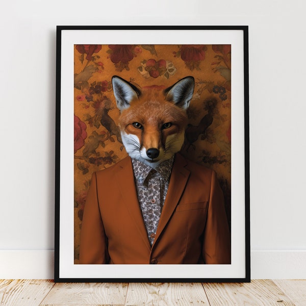 Fox Quirky Vintage Portrait, DOWNLOADABLE ART, Poster Wall Picture Animal Head Human Body Funny Vintage Unusual Home Decor - 5 sizes