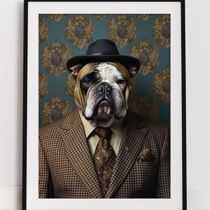 May include: A bulldog wearing a brown tweed suit, a black fedora hat, and a patterned tie against a blue and gold patterned background.