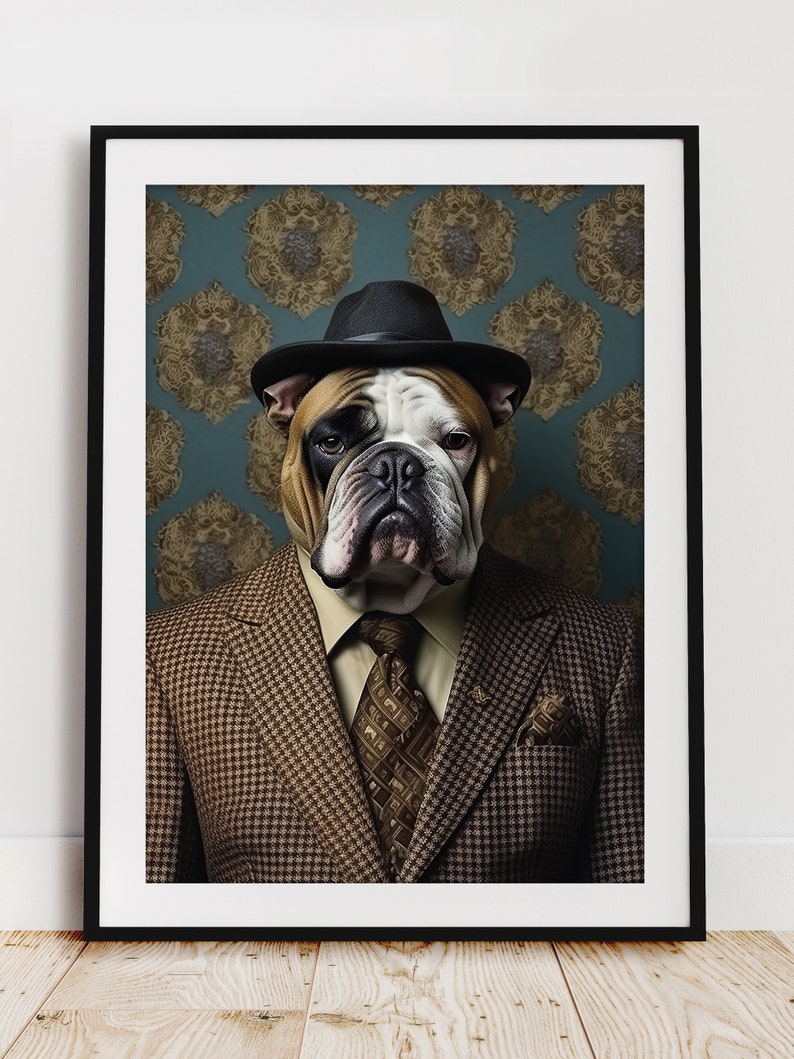 May include: A bulldog wearing a brown tweed suit, a black fedora hat, and a patterned tie against a blue and gold patterned background.