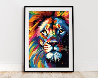 Paint effect colourful lion wall art, DOWNLOADABLE ART, teen room prints, animal art, painted style animal art