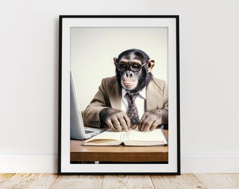 vintage Office Chimp worker Print, Altered Art Print, Animal Head & Human Body, Unique Art Print, Funny Art Print