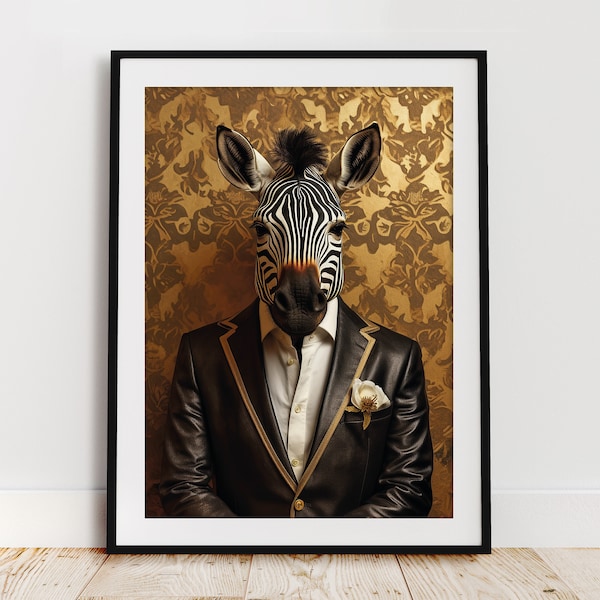 Zebra Quirky Vintage Portrait, digital art download, Poster Wall Picture Animal Head Human Body Funny Vintage Unusual Home Decor - 5 sizes