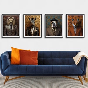 Set of four animal portraits in suits, digital downloadable prints, instant gallery wall