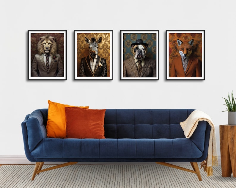 May include: Four framed prints of animals wearing suits and hats. The animals are a lion, a zebra, a bulldog, and a fox. The prints are hanging on a white wall above a blue couch.