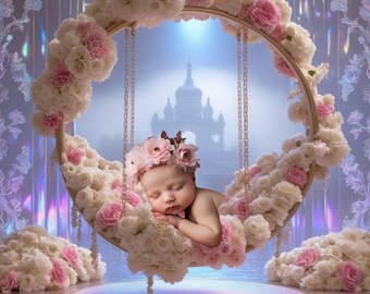 Floral Swing Newborn Digital Backdrop: Pink Spring Flowers (Digital Download)
