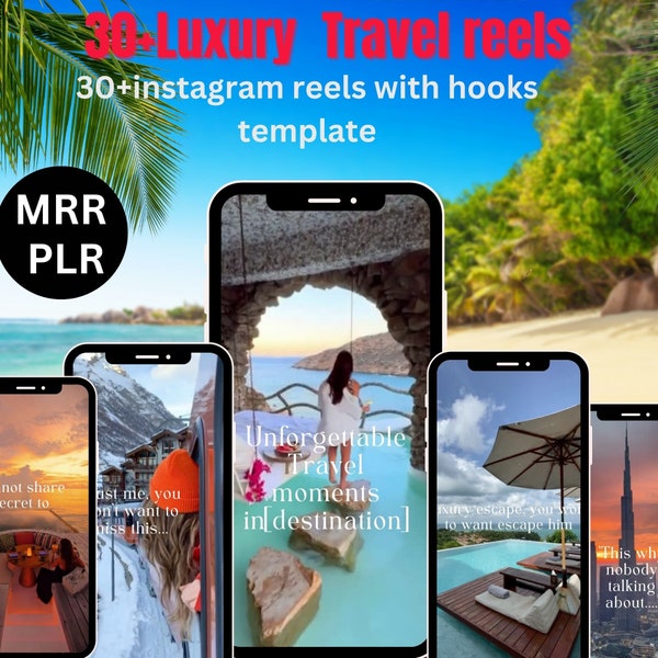 Faceless reels bundle with hooks with MRR and PLR, 30 +faceless reels travel luxury style canva template, Instagram story, Done for you