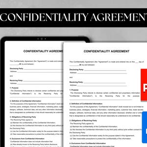 May include: A digital tablet displays a "CONFIDENTIALITY AGREEMENT" document. A printed copy of the same agreement is next to it, with a red PDF icon and a blue DOC icon. The document outlines terms for disclosing confidential information.
