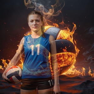 Puede incluir: Una mujer con una camiseta de voleibol azul con el número 11, sosteniendo un balón de voleibol. El balón está parcialmente envuelto en llamas, con un fondo de fuego. La imagen tiene un tema dramático y orientado a la acción.