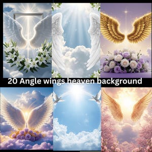 May include: A collage of digital art backgrounds featuring angel wings, clouds, and floral arrangements. The text "20 Angle wings heaven background" is displayed at the bottom. The images have a heavenly theme with soft lighting and pastel colors.
