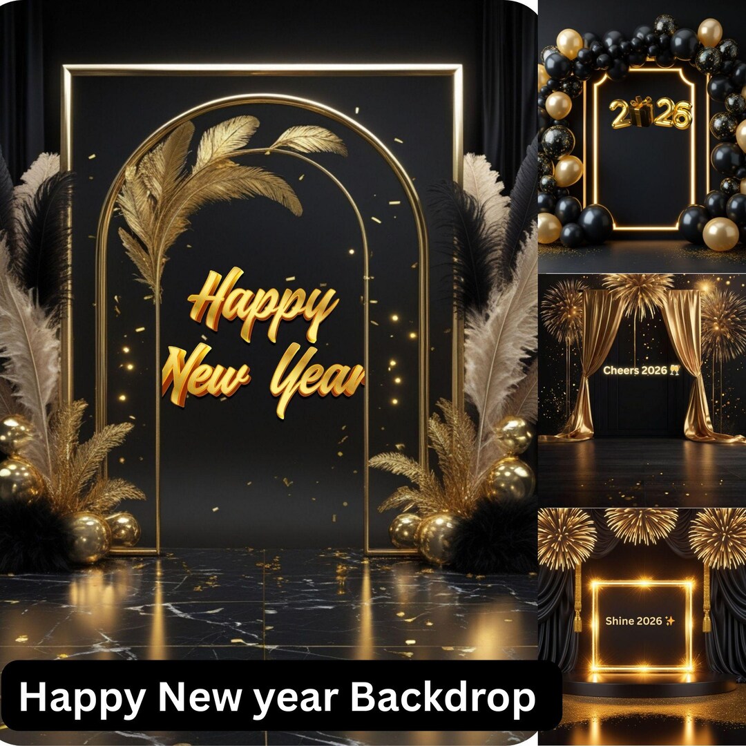 New Year 2026 Backdrop Bundle | Black & Gold Party Decor (digital ...
