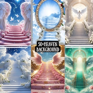 Peut inclure: Une collection d'arrière-plans numériques représentant différentes images du paradis, notamment des nuages, des escaliers, des anges et des portes. Les arrière-plans sont parfaits pour une utilisation dans l'art numérique, la conception graphique et la photographie.