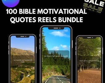 May include: Three phone screen mockups with inspirational quotes from the Bible. The first screen shows a scenic mountain road with the quote "I am fearfully and wonderfully made". The second screen shows a road with trees on either side and the quote "Let God's light guide your path". The third screen shows a path through a forest with the quote "God's grace is greater than my sin".