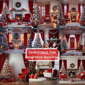 May include: A collage of Christmas-themed interior scenes. Each scene features a decorated Christmas tree, red curtains, a fireplace, and wrapped gifts. The text "CHRISTMAS Tree Decoration Backdrop" is displayed on a red banner.