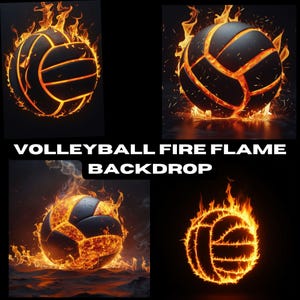 Puede incluir: Un balón de voleibol envuelto en llamas, con el fuego creando un resplandor naranja y amarillo alrededor del balón. El fondo es negro.