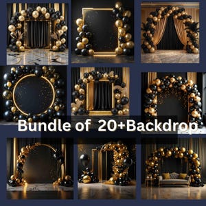 May include: A selection of black and gold balloon arches and backdrops. The images display different arrangements, including arches, frames, and circular designs, all decorated with black and gold balloons. The text "Bundle of 20+ Backdrop" is visible in the centre.