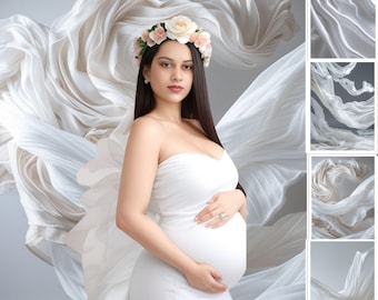 Cyfrowe tła z białego, płynącego materiału: nakładki do fotografii ciążowej i artystycznej