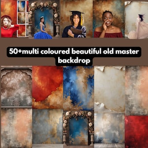 May include: A collection of 50+ digital backdrops featuring various textures and colors, including blue, red, and brown. The backdrops are inspired by old master paintings and are ideal for photographers and artists.