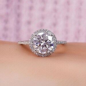 Round Halo Moissanite Engagement Ring: 14K White Gold Pave Diamond Shank