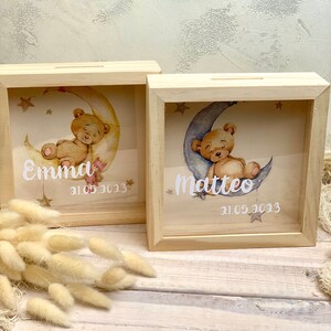 Personalized wooden money box for birth, baptism, 1st birthday frame money box