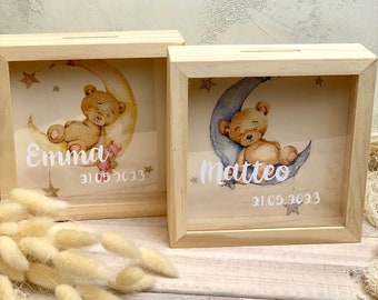 Personalized wooden money box for birth, christening, 1st birthday. Framed money box.