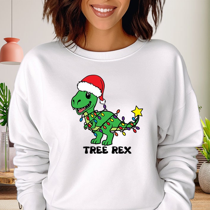 Tree Rex Christmas Sweatshirt, Dinosaur Christmas Jumper, Tree Rex Funny Christmas Lights Jumper, Xmas Dinosaur T Rex Sweatshirt, 2535
