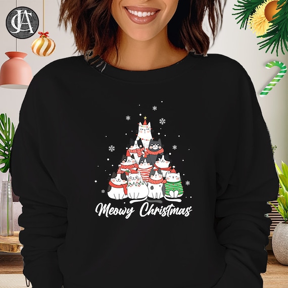 Cat Christmas Tree Sweatshirt Meows Xmas Jumper Christmas Cat