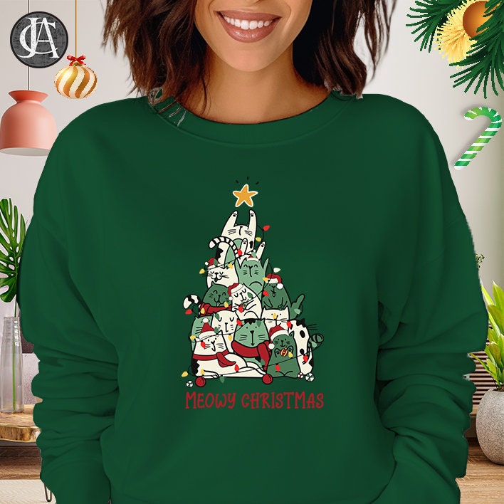 Meowy Christmas Sweatshirt, Cat Lover Christmas Jumper, Cat Christmas