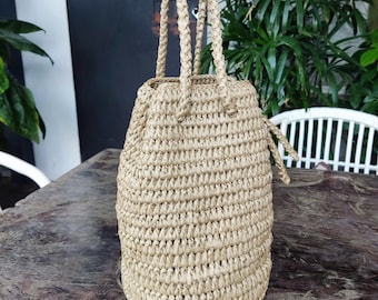 Crochet Raffia Bucket Bag: Beige Summer Bag, Eco-Friendly Women Gift