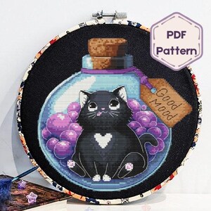 Black Cat &#39;Good Mood Potion&#39; Cross Stitch Pattern (PDF Download)