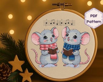 Mice Caroling Cross Stitch Pattern, Christmas Embroidery (PDF File)