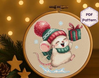 Embroidery Pattern With Cute Mouse ,Christmas Cross Stitch Pattern,PDF File,Embroidery Animal Designs