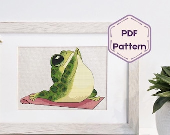 Cute Frog Cross Stitch Pattern ,Embroidery PDF Pattern , Kawaii Animal Design, Yoga Froggo