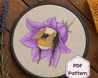 Bumblebee in Flower Cross Stitch Pattern: Funny Embroidery Design (PDF Pattern)