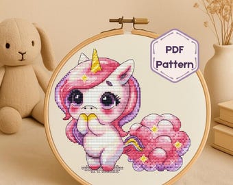 Patrón de punto de cruz de unicornio, bordado de fantasía (patrón PDF)