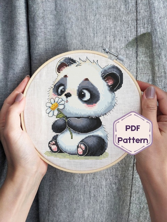 Cute Baby Panda Cross Stitch Pattern, Kawaii Embroidery (PDF Pattern)