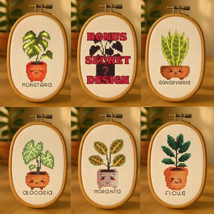 May include: A collection of six cross-stitch embroidery hoops featuring various potted plants. Each design includes a different plant, such as a Monstera, Sansevieria, and Ficus, with the plant's name below. One hoop reads "BONUS SECRET DESIGN".