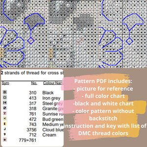 May include: A cross stitch pattern chart with a color key and instructions. The chart includes a picture for reference, a full color chart, a black and white chart, and a color pattern without backstitch. The pattern is for 2 strands of thread and includes a list of DMC thread colors.