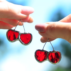 Cherry stained glass earrings, handmade soldered jewelry, bright earrings, gift for her