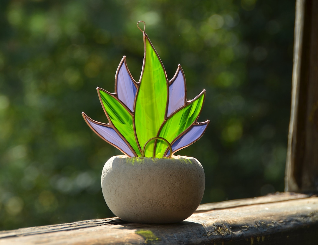 Stained Glass Agave Succulent Suncatcher, Stain Glass Plant Window