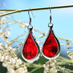 Red drop soldered jewelry, blood drop earrings, cute stained glass earrings