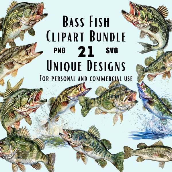 21 Bass Fish Clipart Bundle, Transparent Background, 300 DPI Fishing PNG, SVG Vector Graphics, Watercolor Scrapbook, Paper Crafts